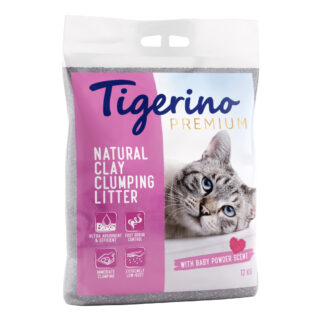Kombi-Paket: Tigerino Premium Katzenstreu + Cosma Snackies Tube - 12 kg Babypuderduft + XXL Maxi Hühnchen (200 g)