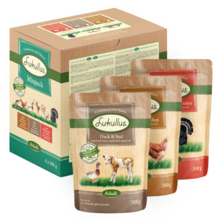 Lukullus Frischebeutel Naturkost 6 x 300 g Mixpaket: Wildkaninchen & Truthahn / Ente & Kalb / Lachs & Huhn