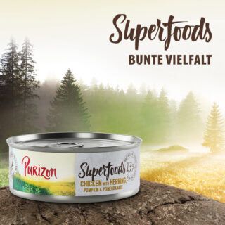 Purizon Superfoods 6 x 70 g - Mixpaket (2xHuhn, 2xThunfisch, 1xWildschwein, 1xWild)