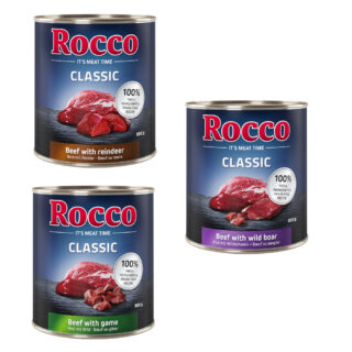 Rocco Classic Probiermix 6 x 800 g - Schwein-Mix: Rind/Lamm, Huhn/Pute, Huhn/Kalb, Rind/Geflügelherzen, Huhn/Lachs, Rind/Huhn