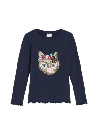 s.Oliver Junior Langarmshirt mit Pailletten-Applikation, gewellter Saum, Baumwolle mit Elasthan