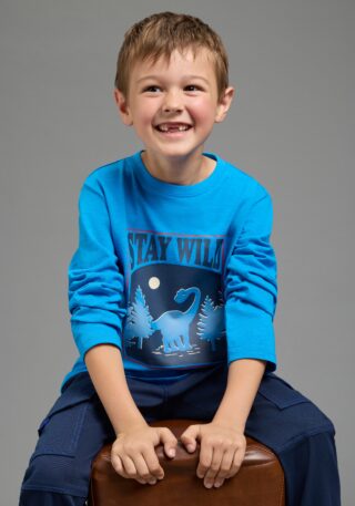 Scout Langarmshirt "Shirt mit coolem Dino-Print, modisches Melangegarn" mit Spruch: STAY WILD, mit Langarm, modischer Basic-Schnitt