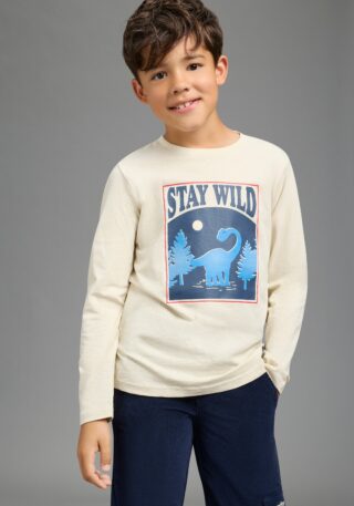 Scout Langarmshirt "Shirt mit coolem Dino-Print, modisches Melangegarn" mit Spruch: STAY WILD, mit Langarm, modischer Basic-Schnitt
