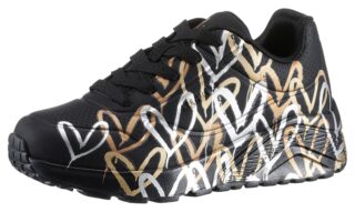 Skechers Plateausneaker "Skechers x JGoldcrown: Uno Lite - Metallic Love", Schnürschuh, Keilsneaker mit Herzchen im Metallic Look bedruckt