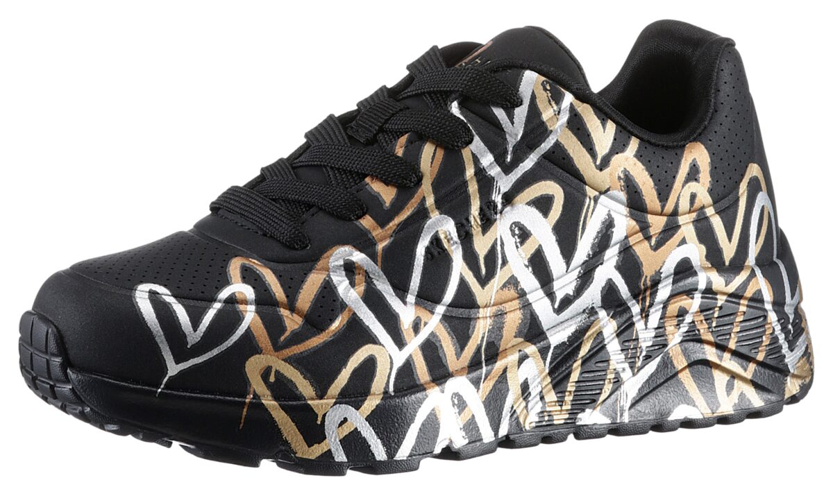 Skechers Plateausneaker "Skechers x JGoldcrown: Uno Lite - Metallic Love", Schnürschuh, Keilsneaker mit Herzchen im Metallic Look bedruckt