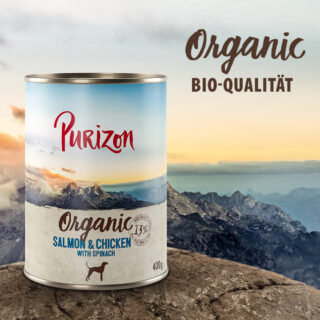 Sparpaket Purizon Organic 24 x 400 g - Mixpaket: 12 x Ente mit Huhn, 12 x Lachs mit Huhn