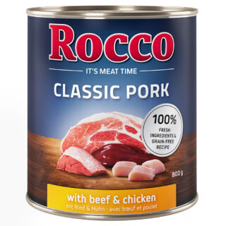 Sparpaket Rocco Classic Pork 24 x 800g Mix: Rind/Lamm, Huhn/Pute, Huhn/Kalb, Rind/Geflügelherzen, Huhn/Lachs, Rind/Huhn