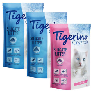Tigerino Crystals Katzenstreu Probierpakete - 3 x 5 l bunte Katzenstreu - Sensitive, parfümfrei (2x blau, 1x pink)