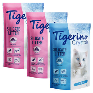 Tigerino Crystals Katzenstreu Probierpakete - 3 x 5 l (bunte Katzenstreu - Sensitive, parfümfrei 2x pink, 1x blau)