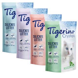 Tigerino Crystals Katzenstreu Probierpakete - 6 x 5 l (Classic Sensitive, Blütenduft, Lavendel, Aloe Vera)